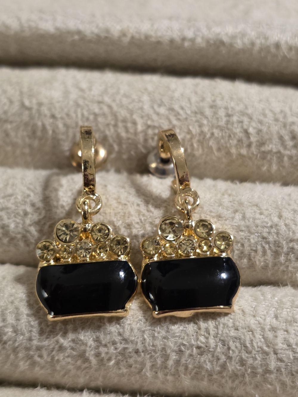 Gold-Tone Black Crystal Drop Pot-of-Gold Earrings